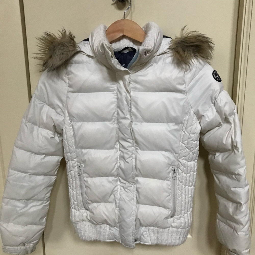 White Kids Puffer Jacket with Faux Fur Trim